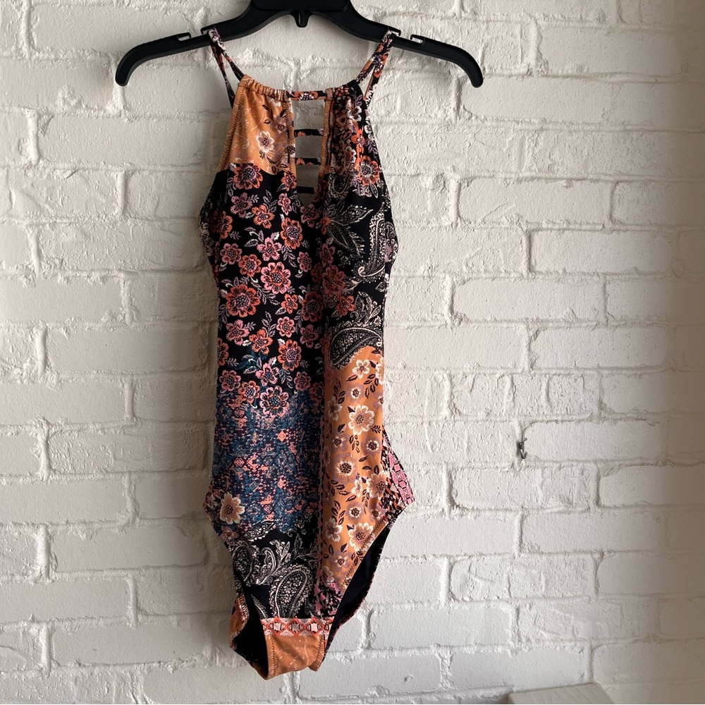 Garnet Hill Floral and Paisley One Piece Swimsuit - Black, Orange, Blue